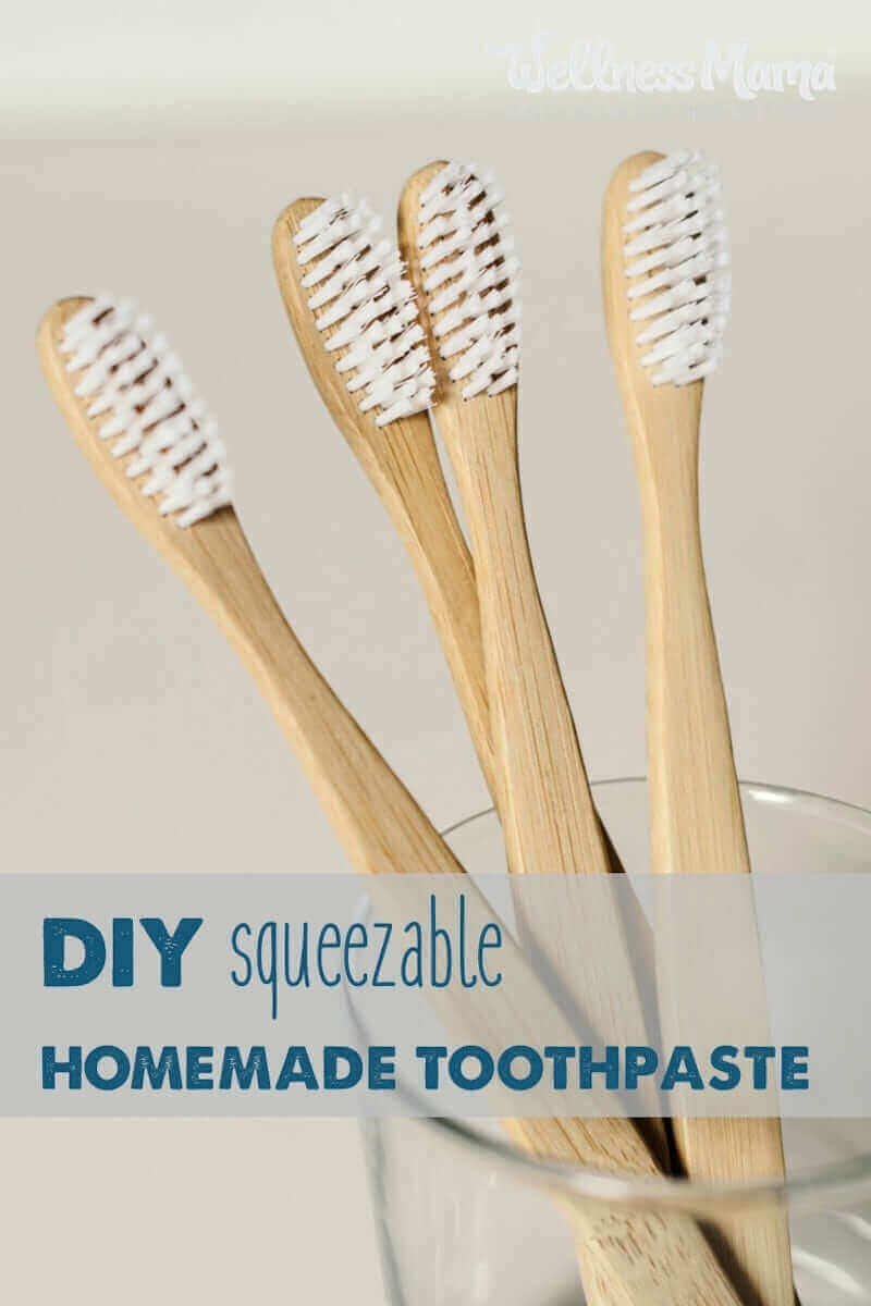 This squeezable homemade toothpaste contains coconut oil, xylitol, calcium carbonate, trace minerals and essential oils for oral health and remineralization.